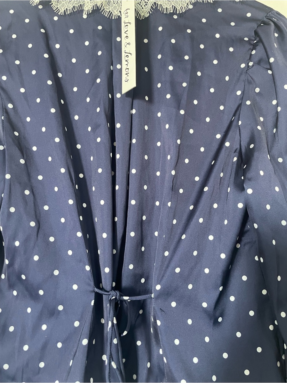 For Love & Lemons Navy Polka Dot Blouse with Cream Lace Trim - Picture 6 of 8